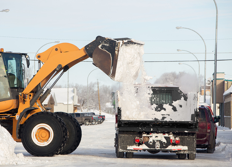 A loader dumping a bucket of snow onto the box of dump truck on a main street of small town in winter; dump trucks